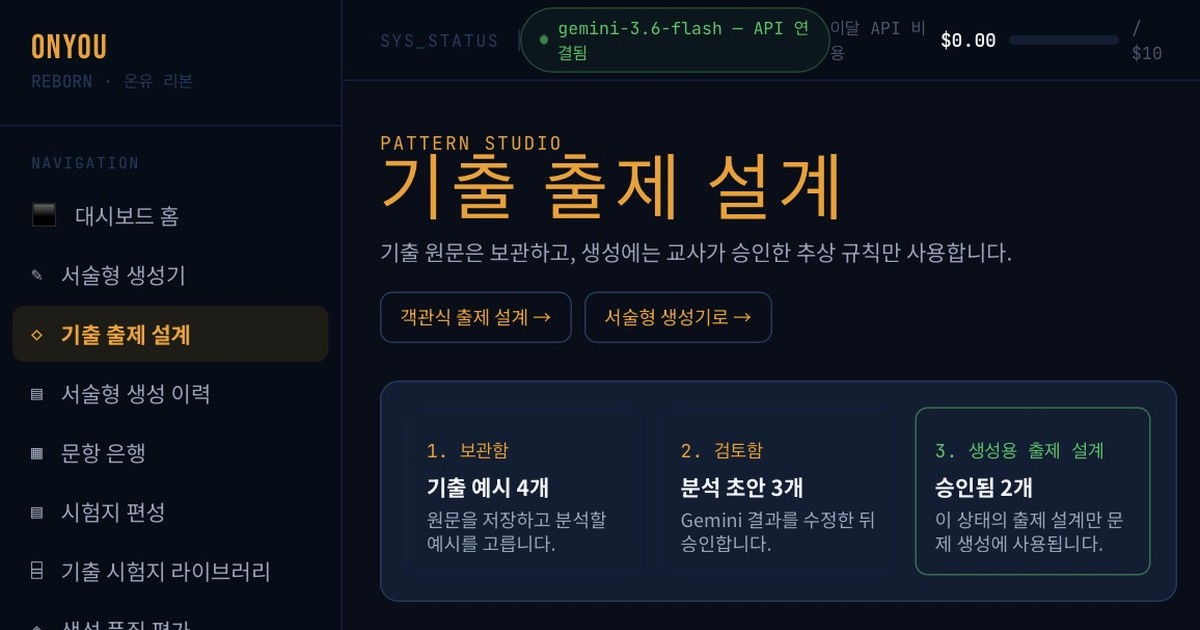 AI 영어 서술형 문제 출제를 위한 온유 리본의 기출 출제 설계(Pattern Studio) 화면 — 기출 원문 보관, Gemini 분석 초안, 교사 승인된 출제 청사진 3단계